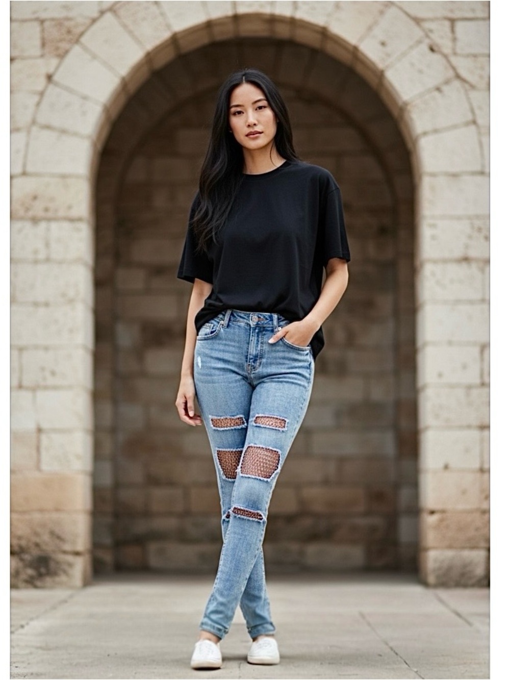 VENUS Crystal Fishnet Distressed Jeans